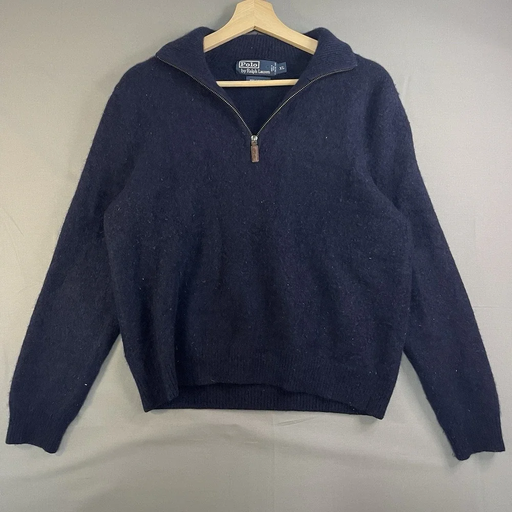 VTG Polo Ralph Lauren Sweater Womens XL Navy 1/4 Zip Wool Cashmere Knit